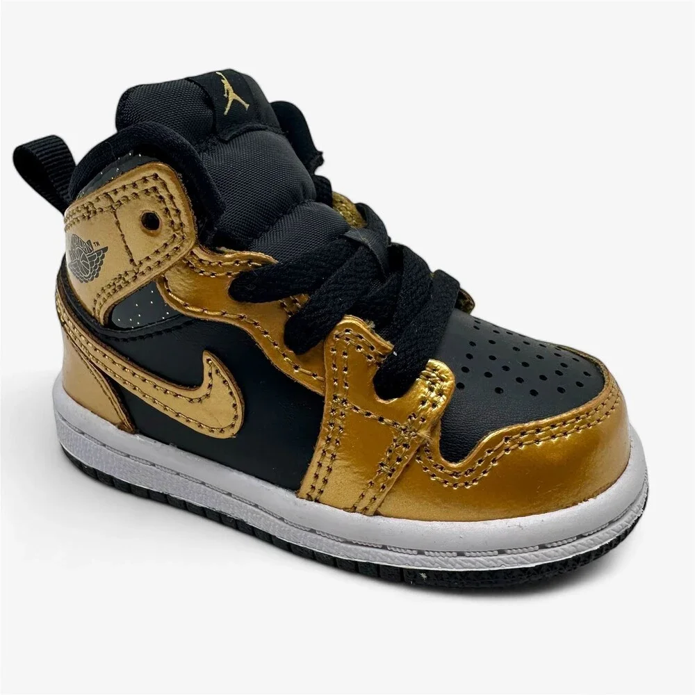 Jordan 1 Mid SE TD Black Metallic Gold White Baby Toddler Size 4 Sneaker